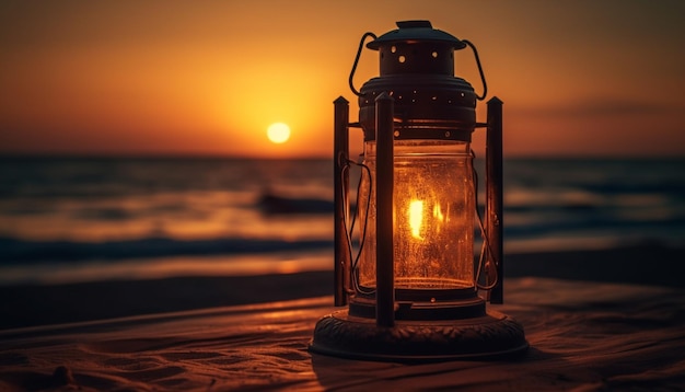 Free photo a lantern on a beach with the sun setting behind it