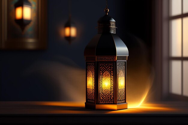 A lantern in the dark with the light on
