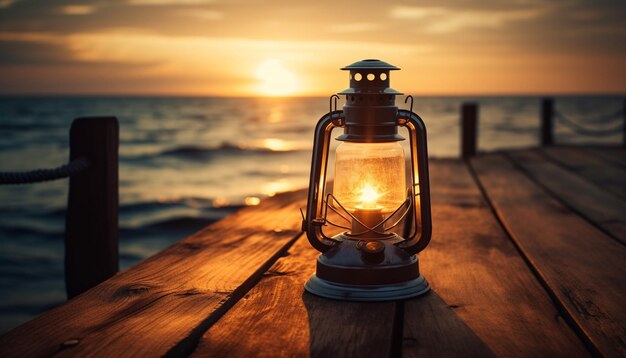 A lantern on a dock with the sun setting behind it