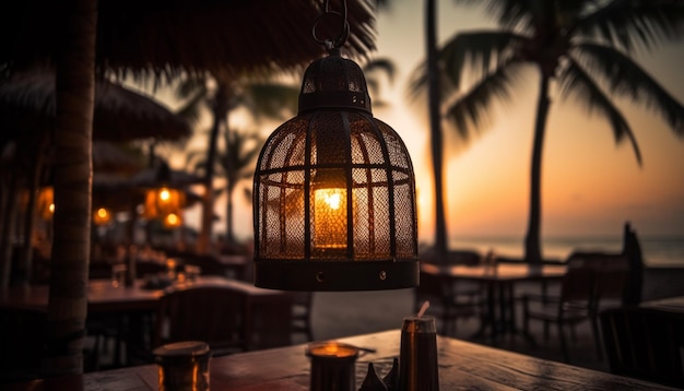 Free photo lantern and electric lamp illuminate tranquil tropical night generated by ai