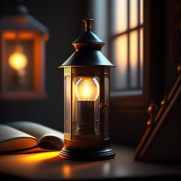 A lantern is lit up by a book and the light is on.