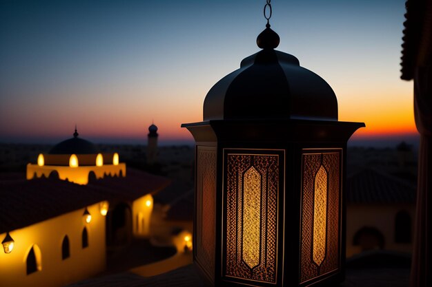 A lantern is lit up at sunset in the desert