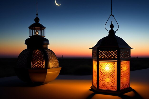 A lantern and the moon at night
