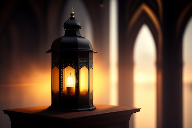 Free photo a lantern sits on a table in front of a church.