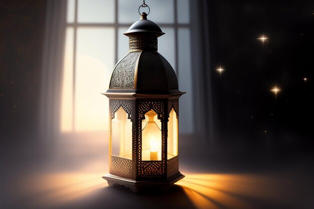 A lantern with the light shining through the window