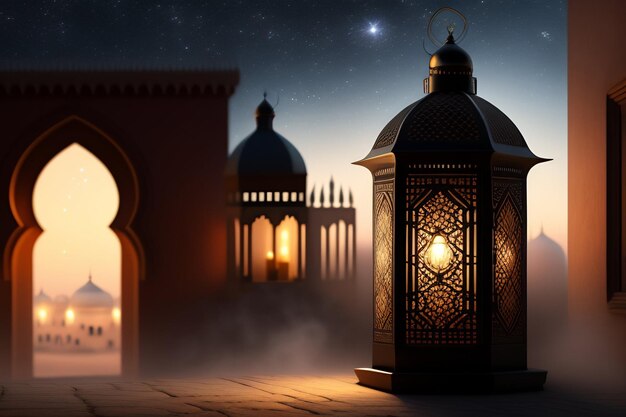A lantern with the lights of the mosque in the background