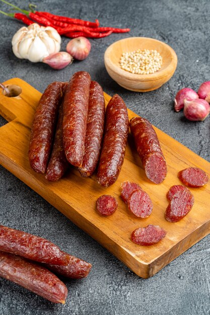 Lap cheong or chinese sausage are dried pork sausages