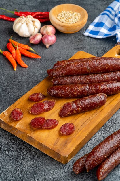 Lap cheong or chinese sausage are dried pork sausages