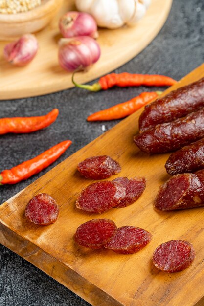 Lap cheong or chinese sausage are dried pork sausages