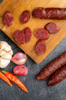 Lap cheong or chinese sausage are dried pork sausages