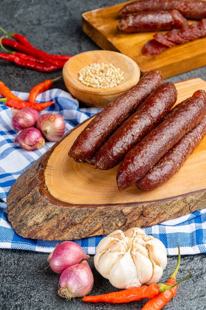 Lap cheong or chinese sausage are dried pork sausages