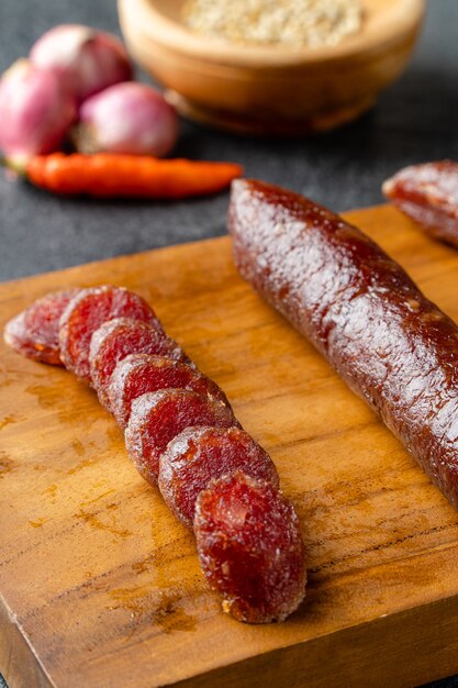 Lap cheong or chinese sausage are dried pork sausages