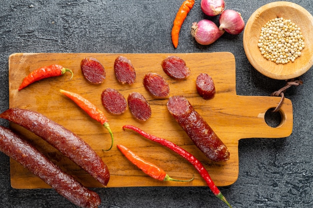 Lap cheong or chinese sausage are dried pork sausages
