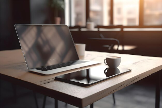 Laptop and coffee cup on wooden table in cafe 3d rendering