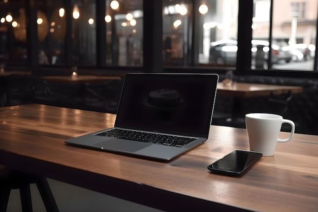 Free photo laptop and coffee cup on wooden table in cafe closeup