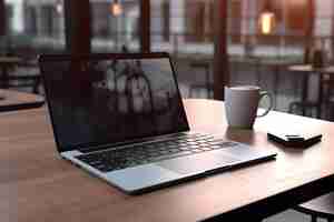 Free photo laptop and coffee cup on wooden table in cafe work from home concept