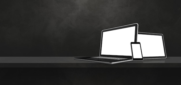 Laptop, mobile phone and digital tablet pc on black wall shelf. banner background. 3d illustration