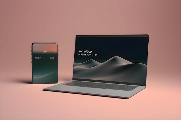 Foto gratuita laptop e telefono cellulare su uno sfondo rosa rendering 3d