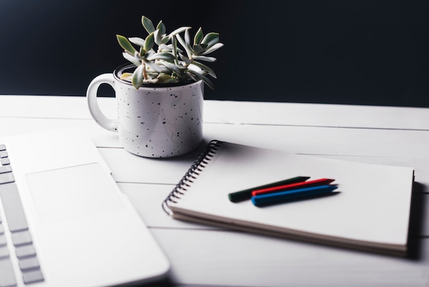 Laptop and notepad composition on desk