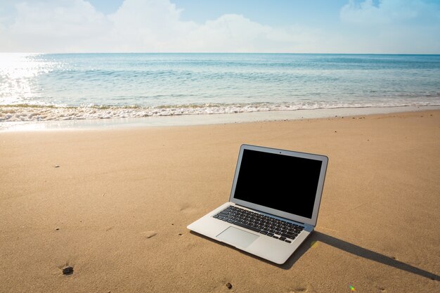 Laptop on the seashore