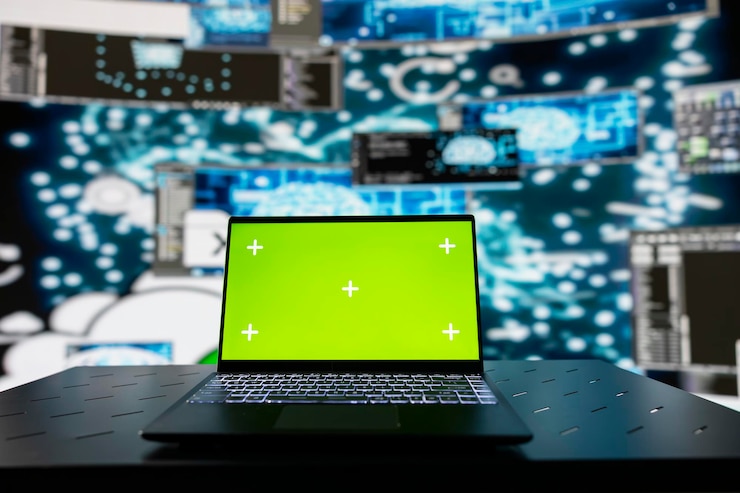 무료 Photo laptop showcases green screen on a display surrounded by ai brain systems