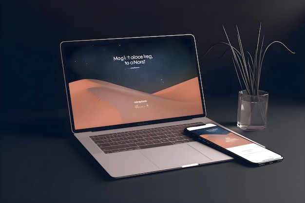 Foto gratuita laptop e smartphone su sfondo nero rendering 3d