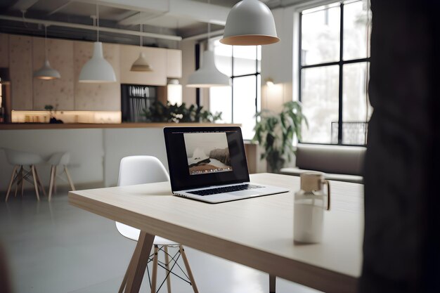 Laptop on the table in a cafe Work from home concept