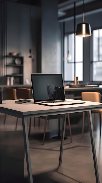 Laptop sul tavolo nel moderno rendering 3d dell'ufficio