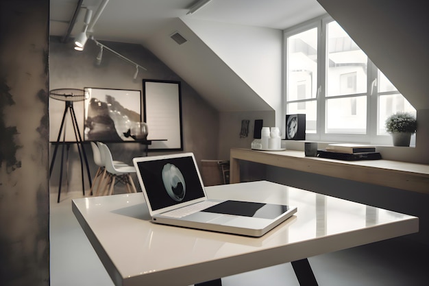 Free photo laptop on a table in a modern office with a living room