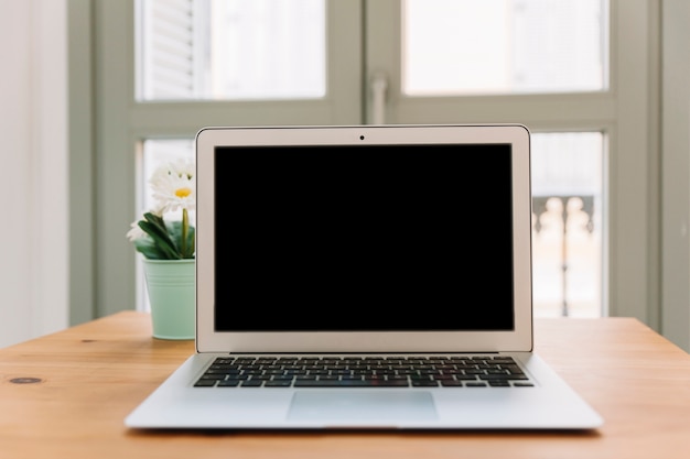 Laptop on table near plant