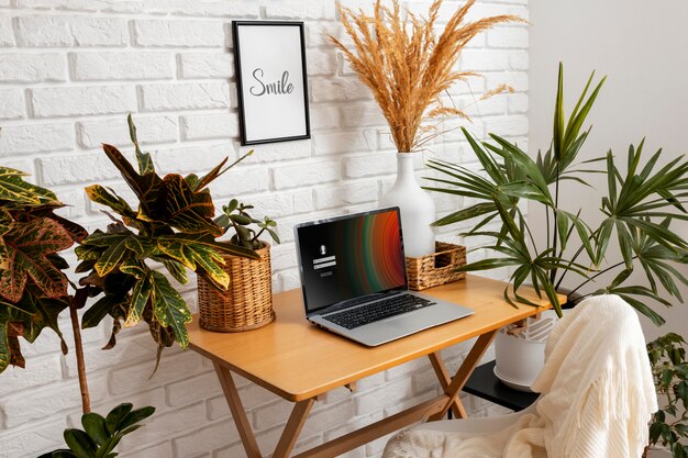 식물이 있는 탁자 위의 노트북