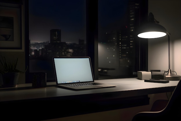 Free photo laptop with blank screen on table in dark office with night city view