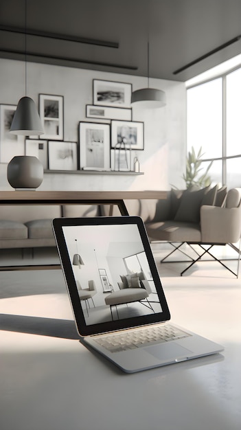 Foto gratuita laptop con interior design sullo schermo sul tavolo in un soggiorno moderno