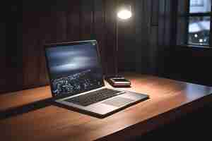 Free photo laptop on a wooden table in a dark room with a lamp