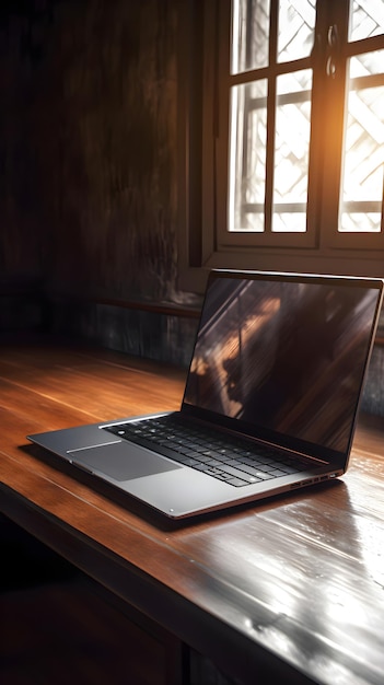 Free photo laptop on a wooden table in a dark room with a window