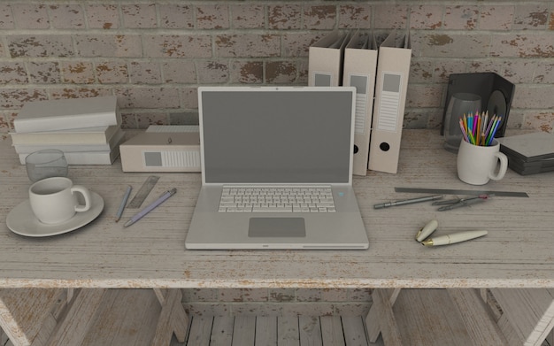 Laptop in workspace mock up
