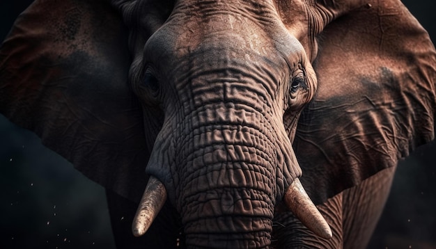 Il grande elefante africano si concentra da vicino sulla zanna generata dall'intelligenza artificiale