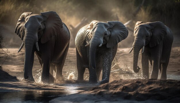 Large African elephant herd walking in tranquil savannah wilderness area generated by AI