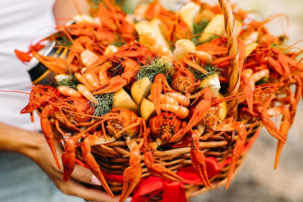 Large basket with cooked red large crayfish