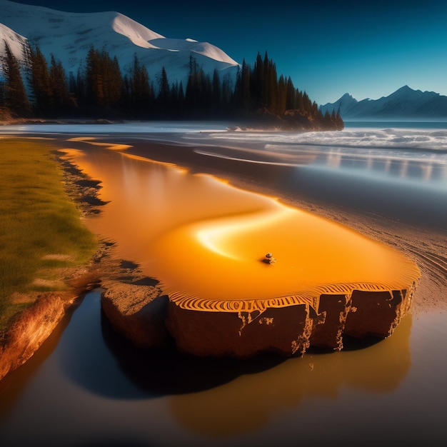 Free photo a large brown object in the water is covered in orange paint.