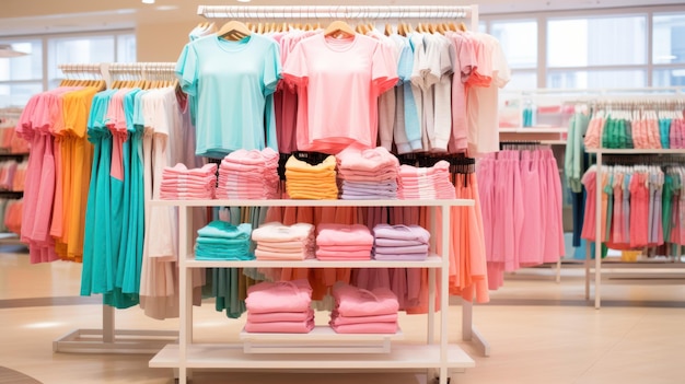 Foto gratuita grandi negozi di abbigliamento che presentano abbigliamento estivo femminile tra cui top, pantaloncini e gonne