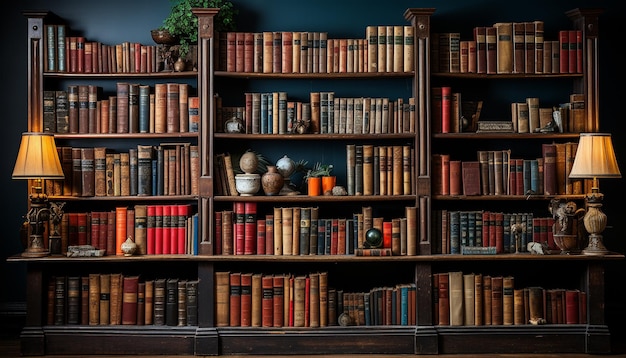 인공지능에 의해 생성된 나무 책장에 있는 오래된 책들의 큰 컬렉션