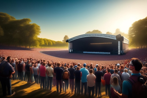 Free photo a large crowd at a concert with the stage in the foreground.