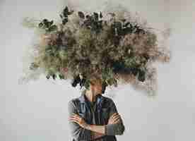 Free photo large decorative bouquet made of green leaves and moss hangs over man's head