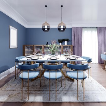Large dining and dining room table, with a kitchen in a fashionable modern design, wooden furniture, interior in brown and blue. 3d rendering.
