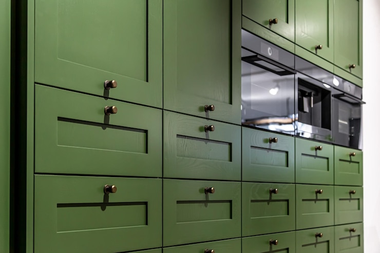 Free Photo large green kitchen cabinet with many handles closeup