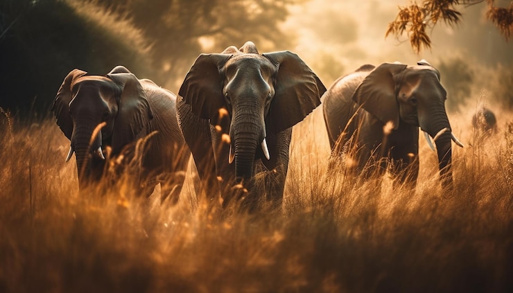 Free Photo large herd of african elephants walking at dusk generated by ai