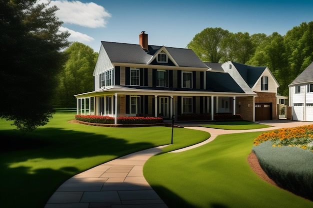 A large house with a lawn and a large lawn with flowers on it.