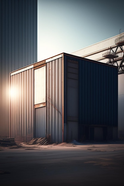 A large industrial building with a bridge in the background