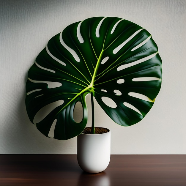 Free photo a large leaf is in a white pot on a wooden table.